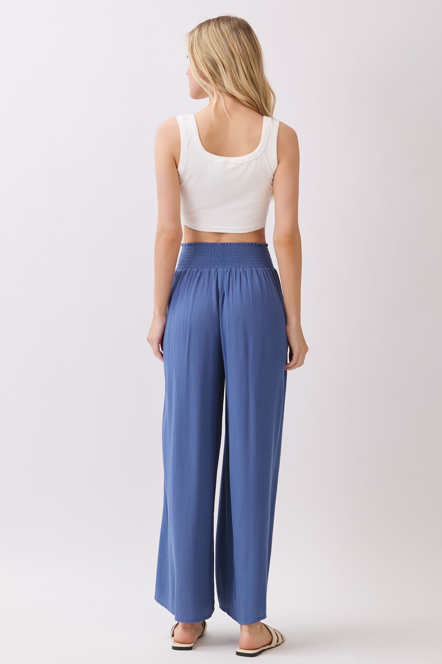 Blue Smocked Waist Ankle Wide Leg Pants