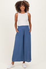 Blue Smocked Waist Ankle Wide Leg Maternity Pants