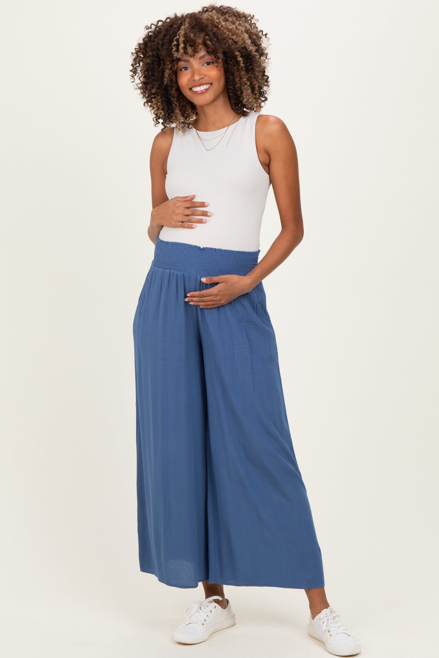 Blue Smocked Waist Ankle Wide Leg Maternity Pants