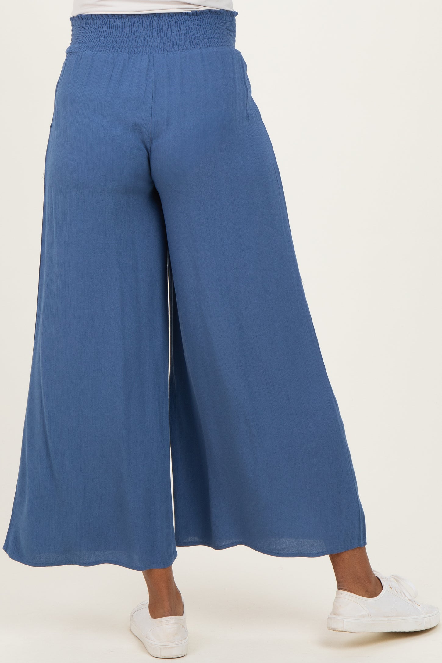 Blue Smocked Waist Ankle Wide Leg Maternity Pants