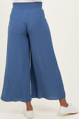 Blue Smocked Waist Ankle Wide Leg Maternity Pants