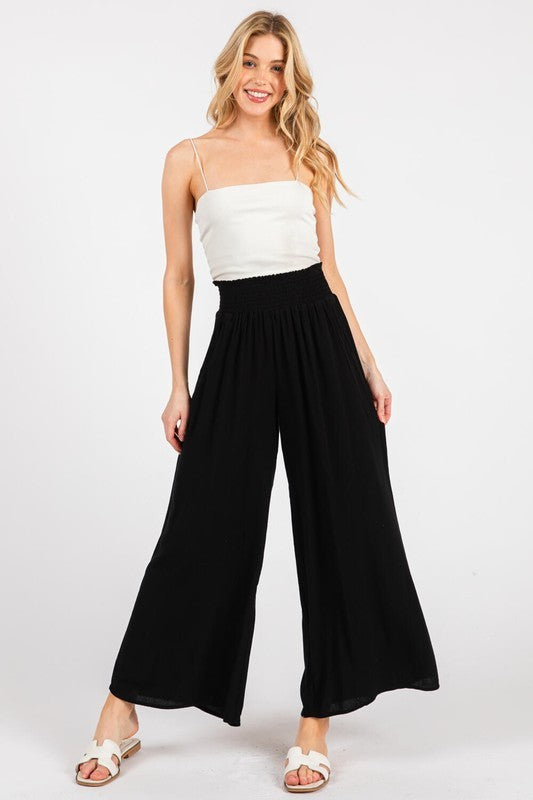 Black Smocked Waist Ankle Wide Leg Maternity Pants