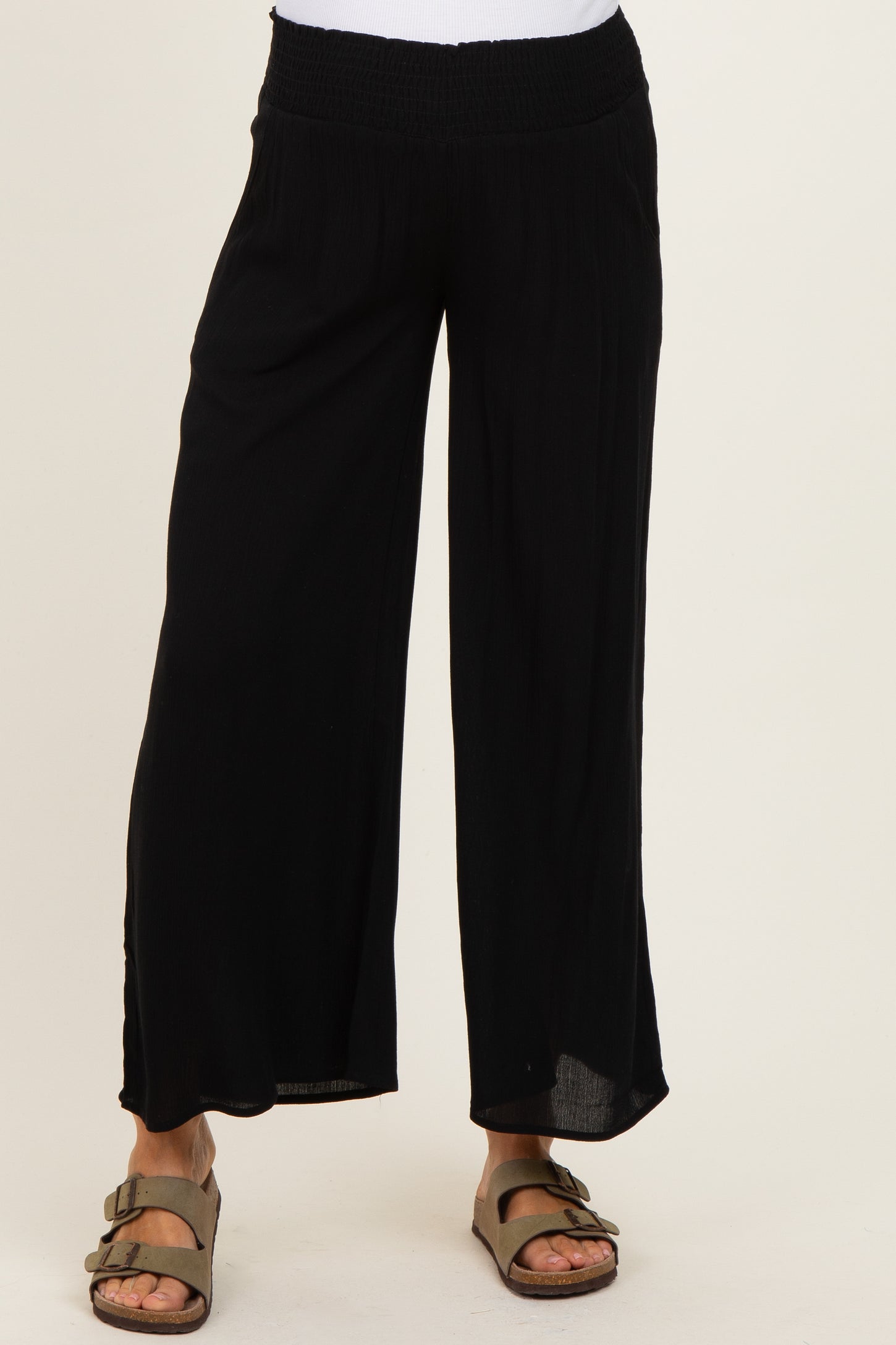 Black Smocked Waist Ankle Wide Leg Maternity Pants