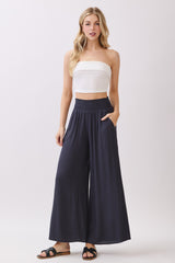 Navy Smocked Waist Ankle Wide Leg Pants