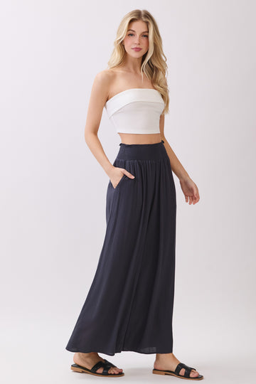 Navy Smocked Waist Ankle Wide Leg Pants