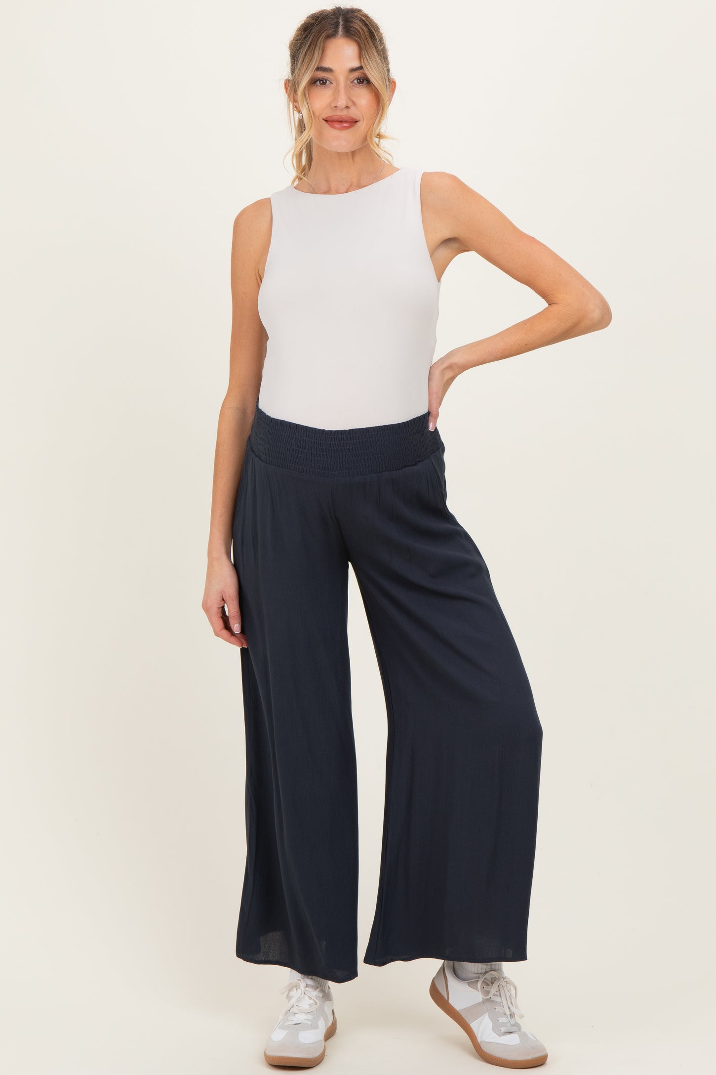 Navy Smocked Waist Ankle Wide Leg Maternity Pants