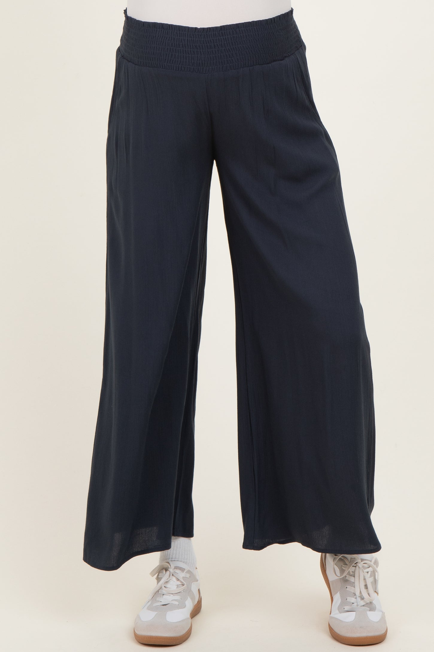 Navy Smocked Waist Ankle Wide Leg Maternity Pants