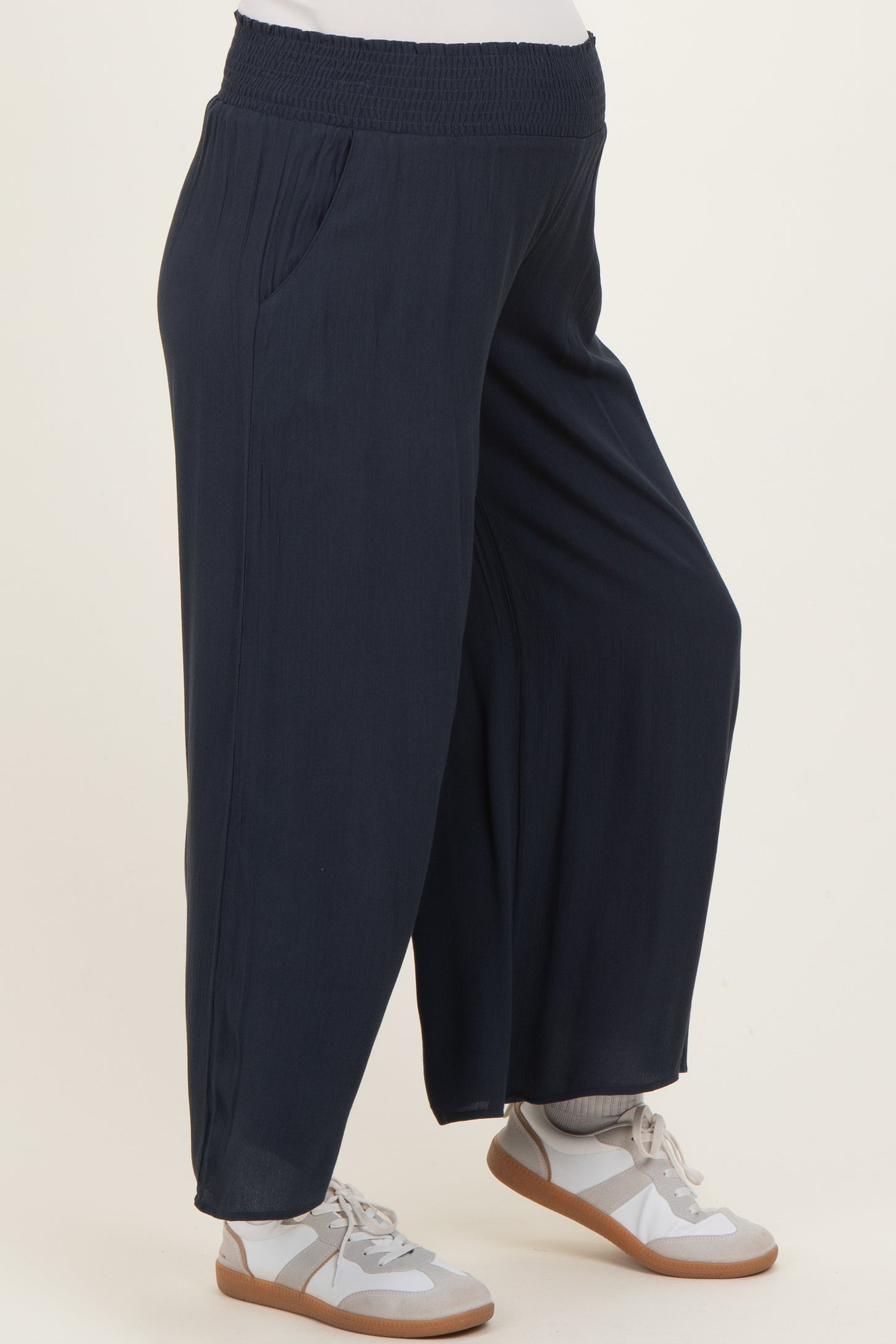 Navy Smocked Waist Ankle Wide Leg Maternity Pants