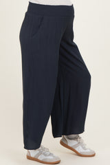 Navy Smocked Waist Ankle Wide Leg Maternity Pants