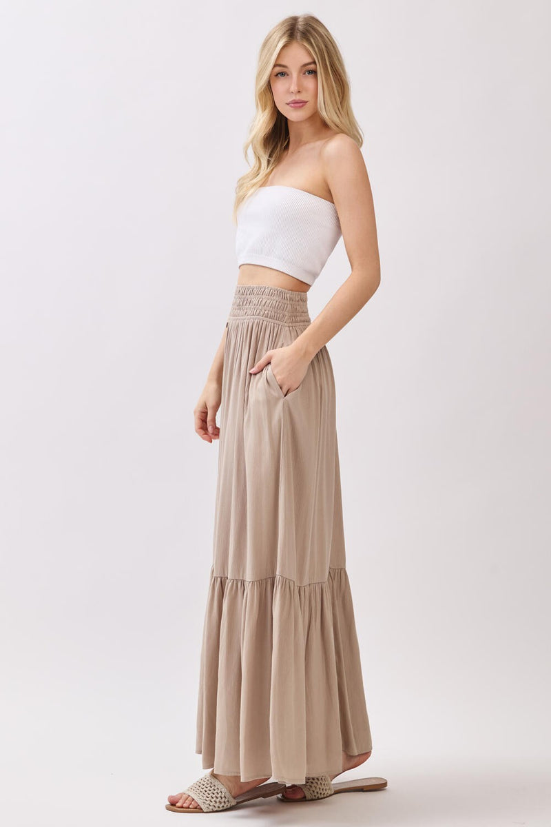 Sand Smocked Waist Button Detail Maxi Skirt – PinkBlush