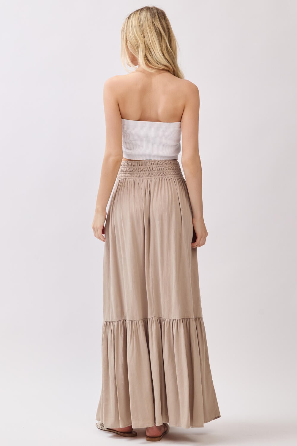 Sand Smocked Waist Button Detail Maxi Skirt