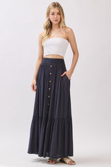 Navy Smocked Waist Button Detail Maxi Skirt
