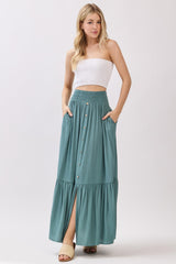 Turquoise Smocked Waist Button Detail Maternity Maxi Skirt