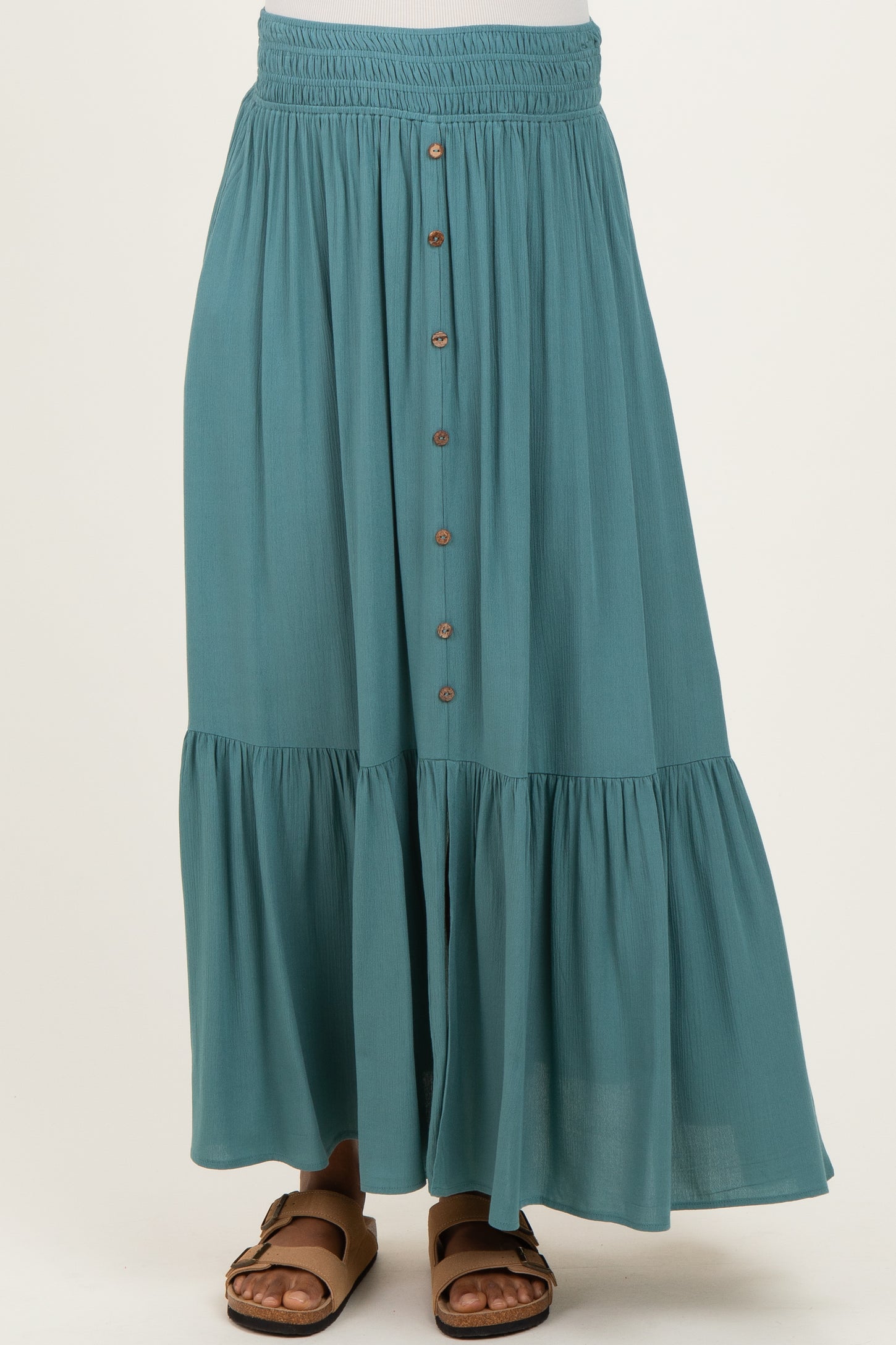 Turquoise Smocked Waist Button Detail Maternity Maxi Skirt