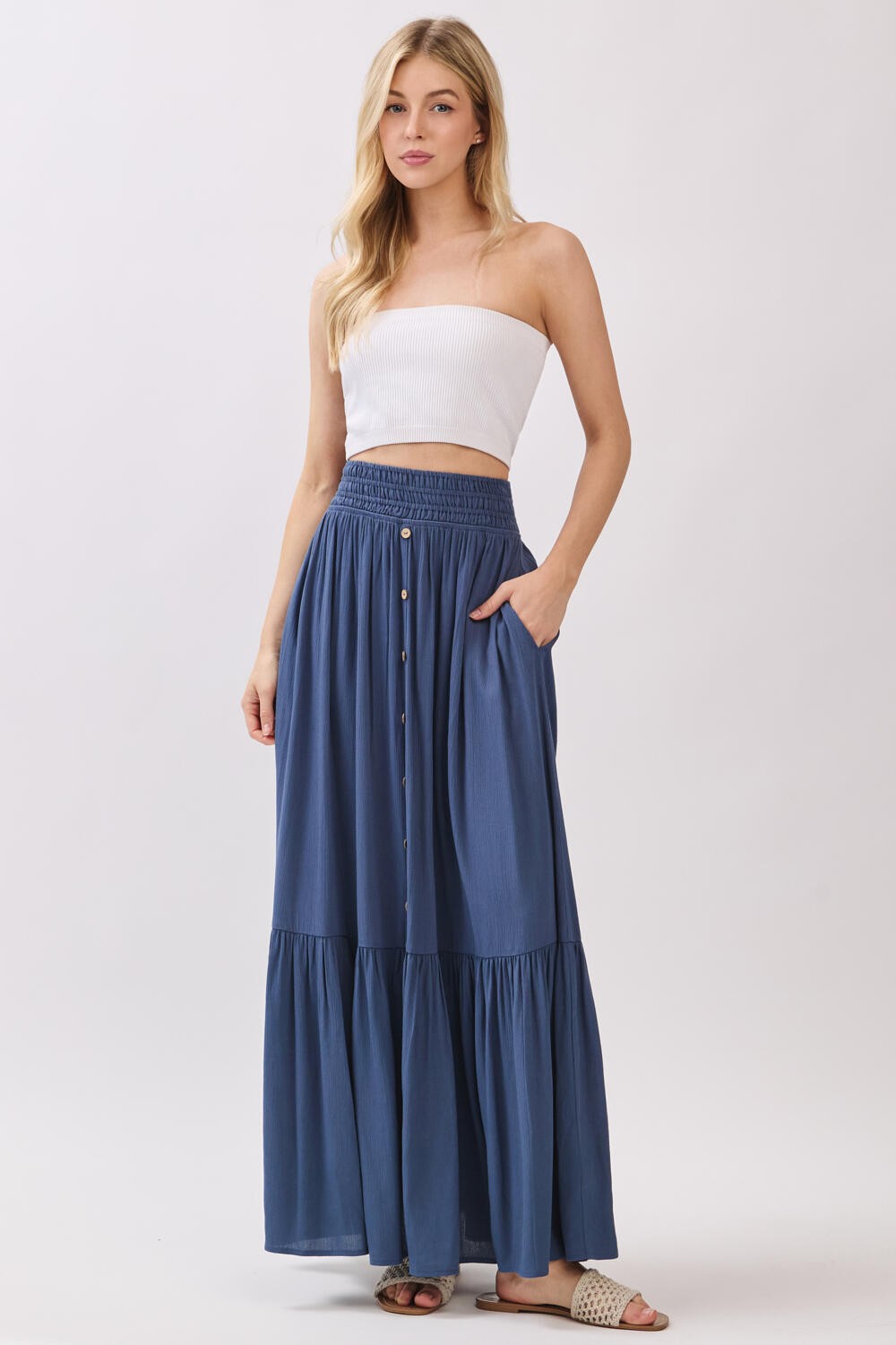 Dark Blue Smocked Waist Button Detail Maxi Skirt