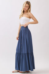 Dark Blue Smocked Waist Button Detail Maxi Skirt