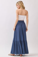 Dark Blue Smocked Waist Button Detail Maxi Skirt