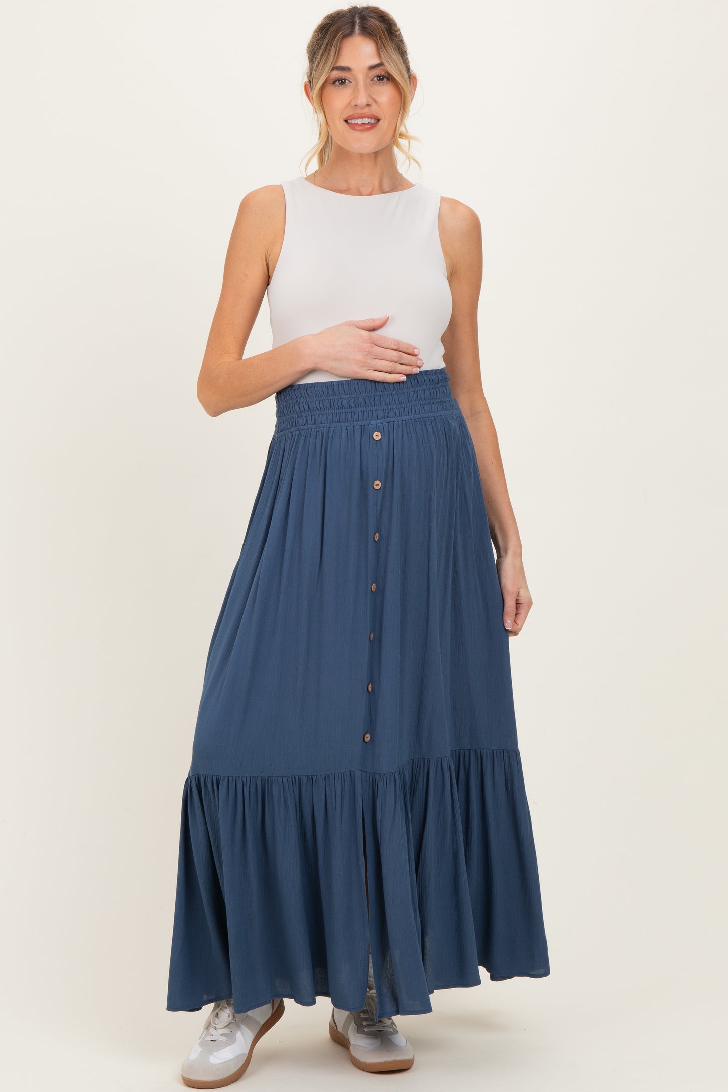 Dark Blue Smocked Waist Button Detail Maternity Maxi Skirt