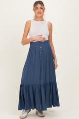 Dark Blue Smocked Waist Button Detail Maternity Maxi Skirt