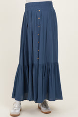 Dark Blue Smocked Waist Button Detail Maternity Maxi Skirt