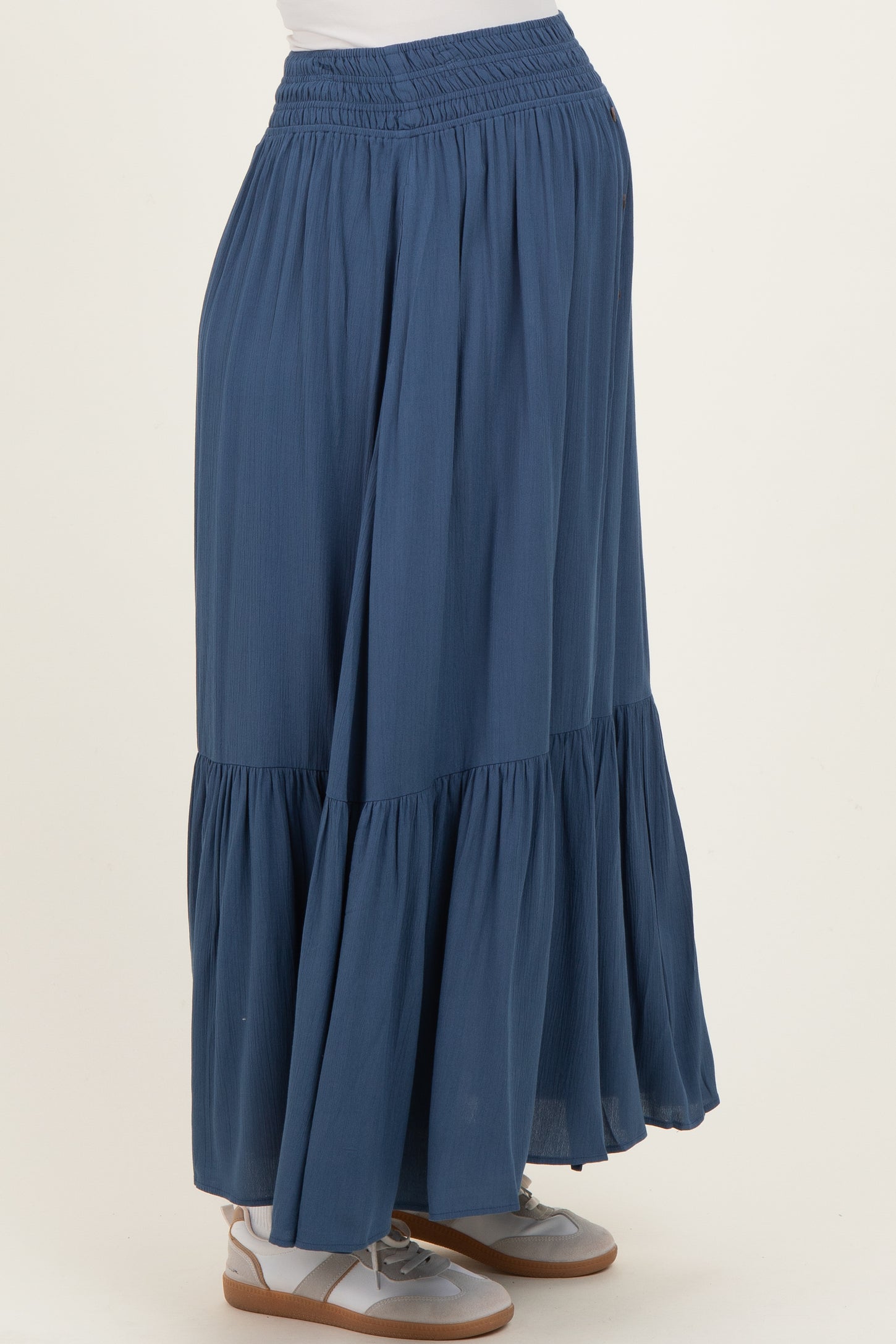 Dark Blue Smocked Waist Button Detail Maternity Maxi Skirt