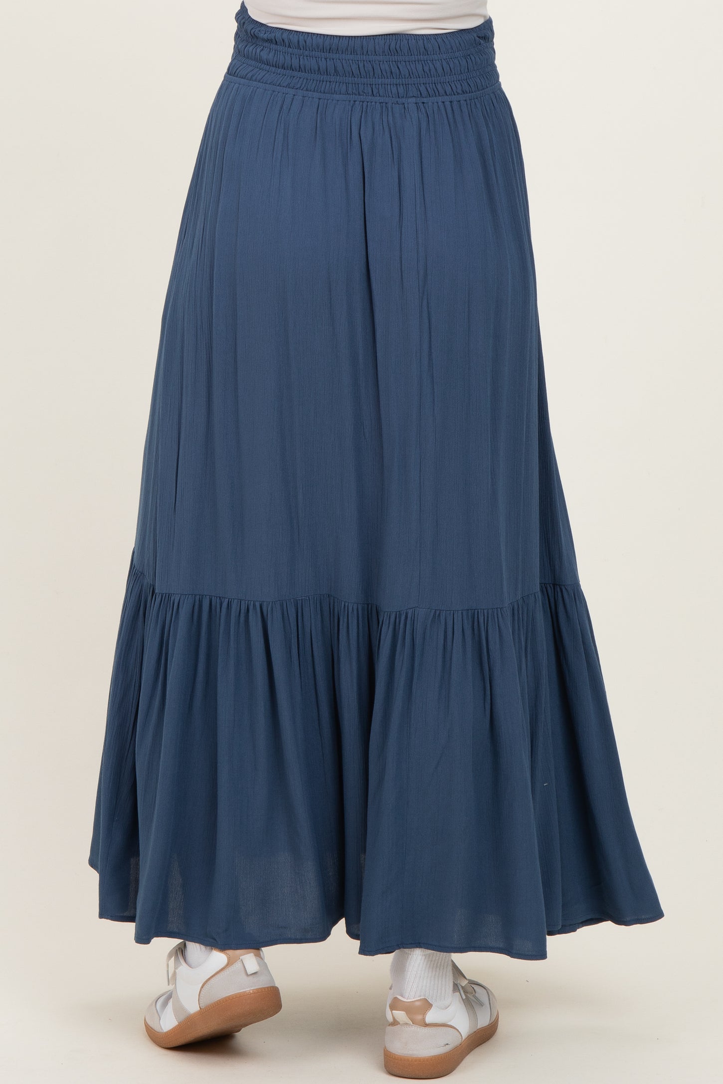 Dark Blue Smocked Waist Button Detail Maternity Maxi Skirt