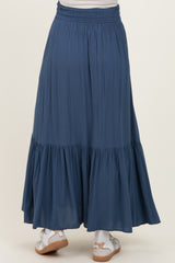 Dark Blue Smocked Waist Button Detail Maternity Maxi Skirt
