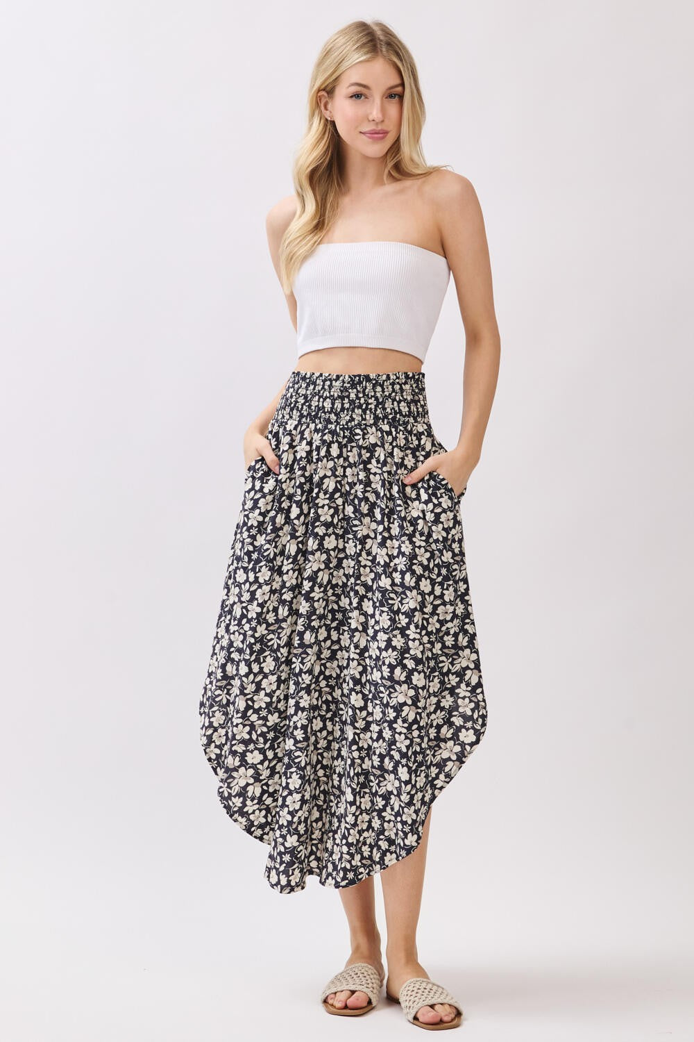Black Floral Tulip Hem Midi Skirt