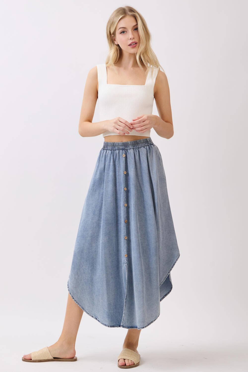 Blue Chambray Tulip Hem Midi Skirt – PinkBlush