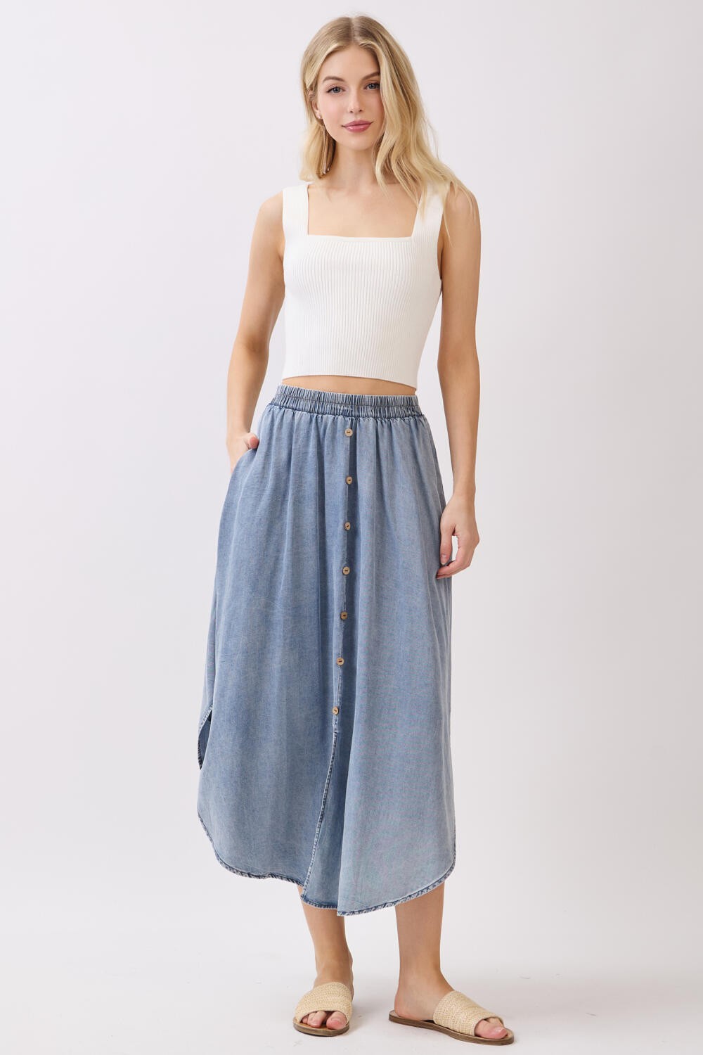 Blue Chambray Tulip Hem Midi Skirt