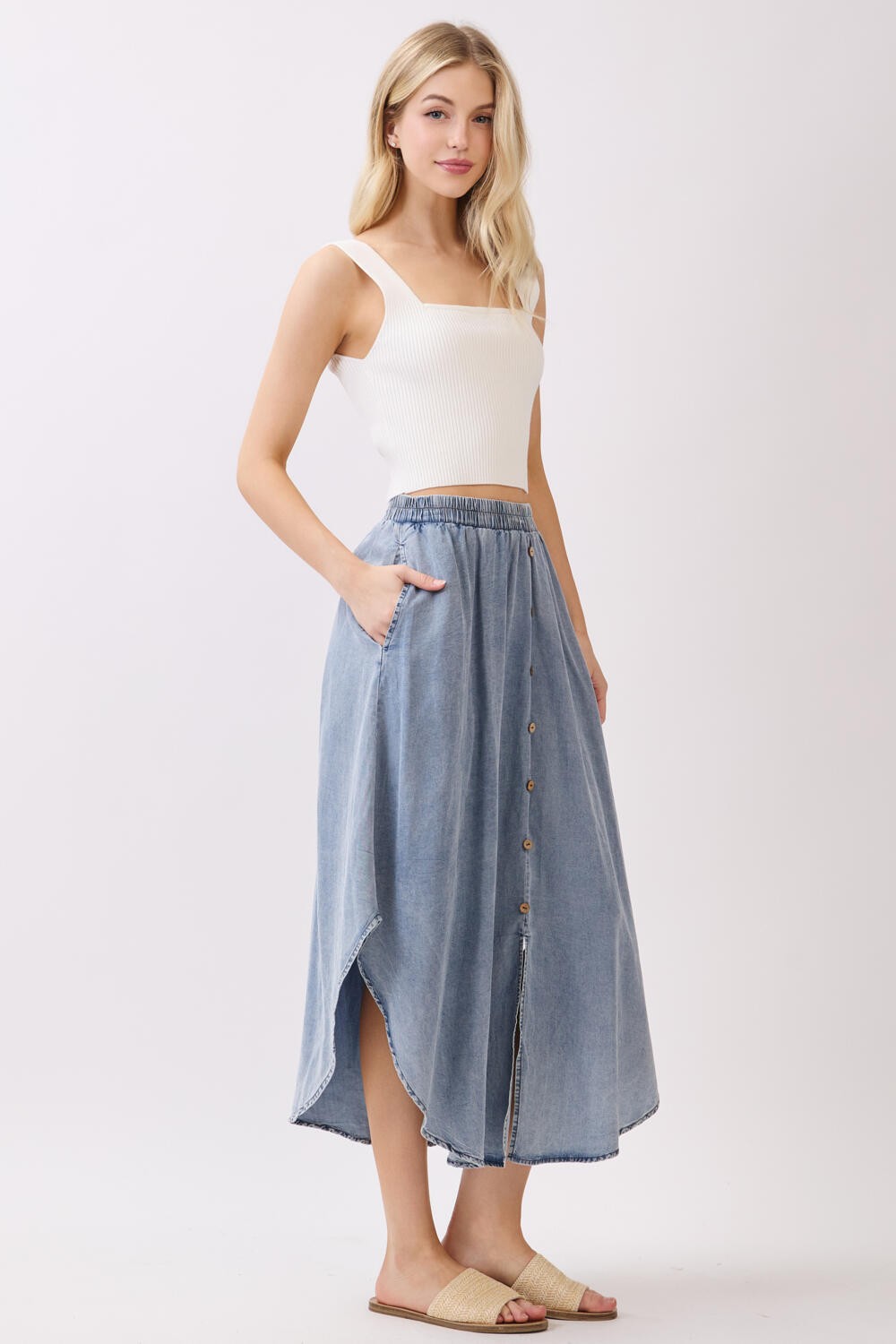 Blue Chambray Tulip Hem Midi Skirt
