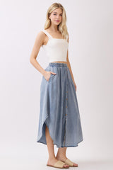 Blue Chambray Tulip Hem Midi Skirt