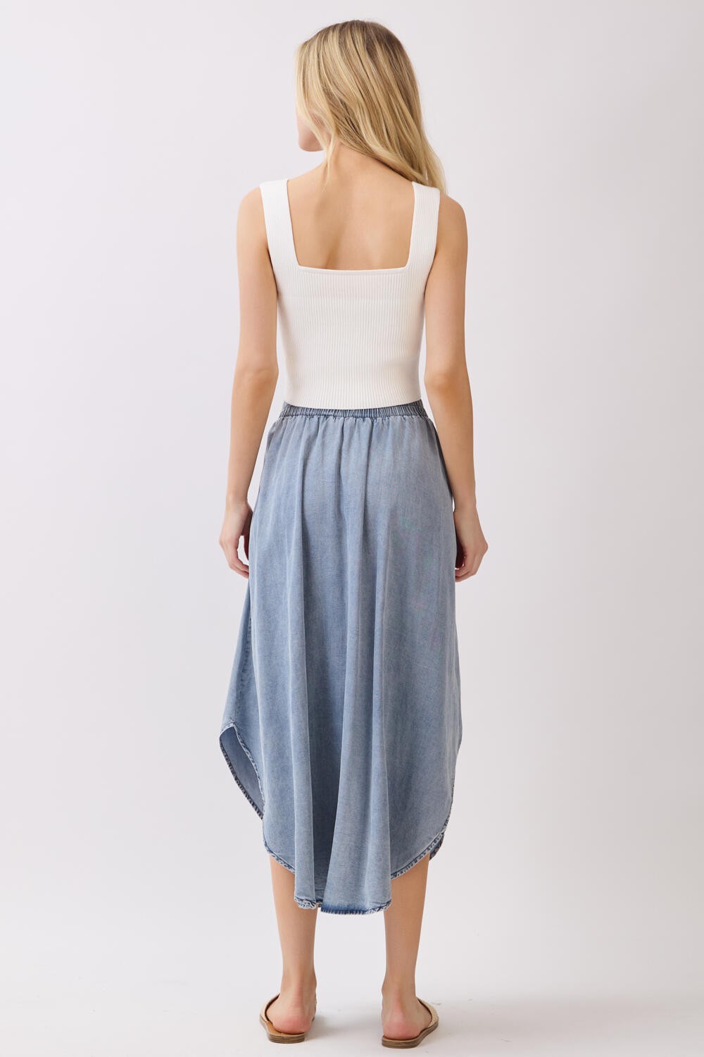 Blue Chambray Tulip Hem Midi Skirt