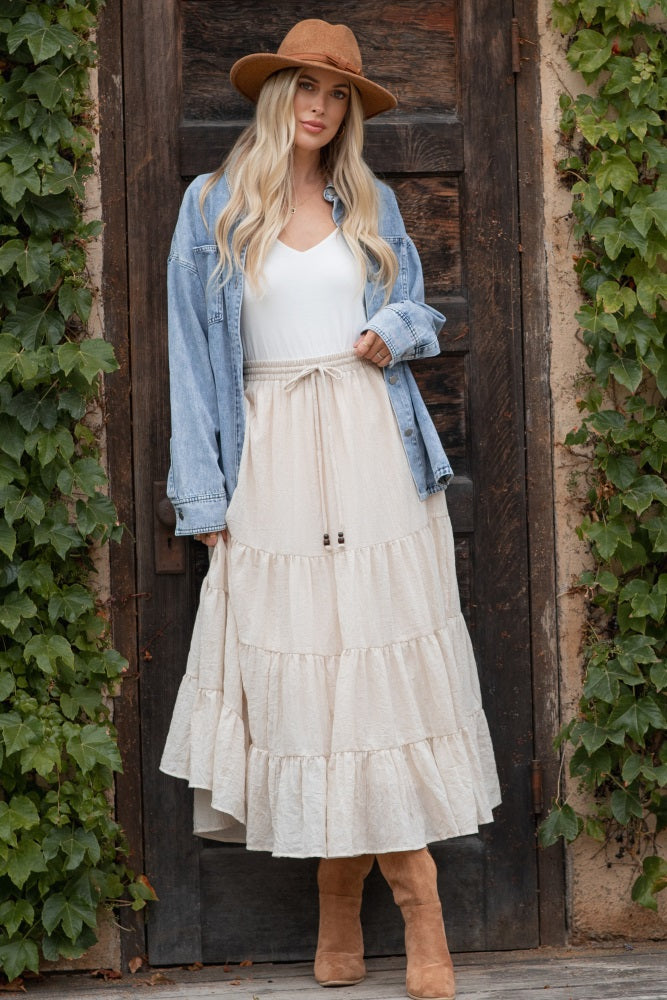 Beige Tiered Drawstring Maternity Maxi Skirt