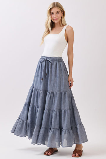 Denim Blue Tiered Drawstring Maxi Skirt