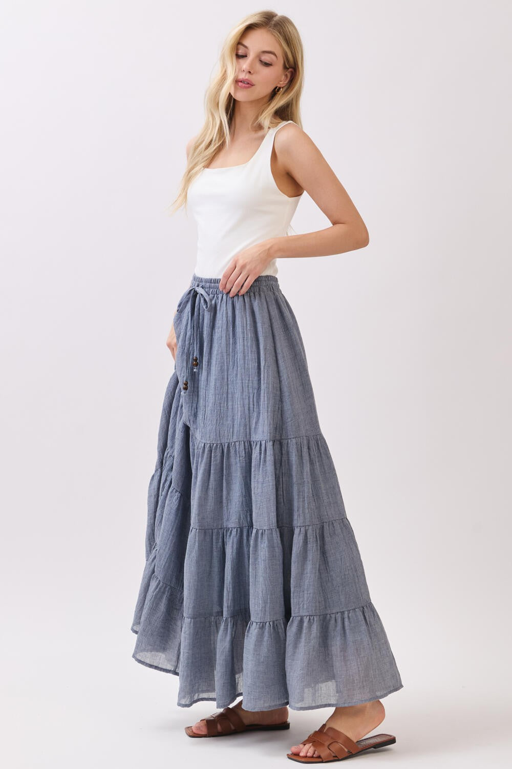 Denim Blue Tiered Drawstring Maxi Skirt