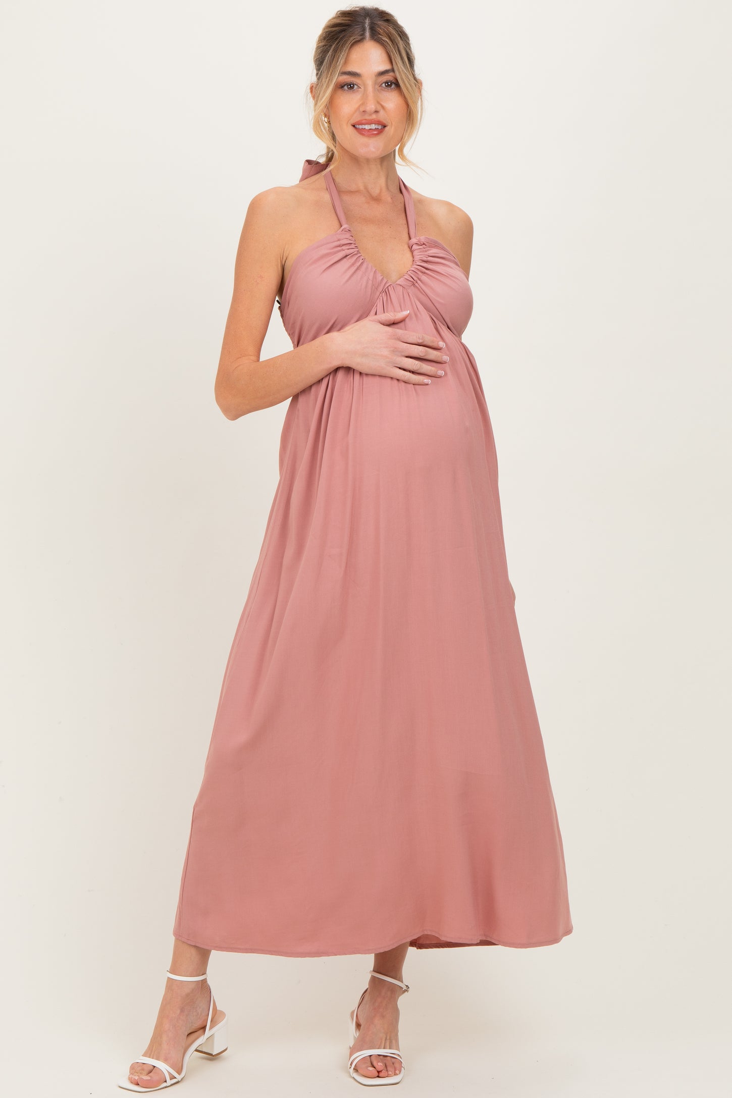 Mauve Halter Neck Side Slit Maternity Midi Dress
