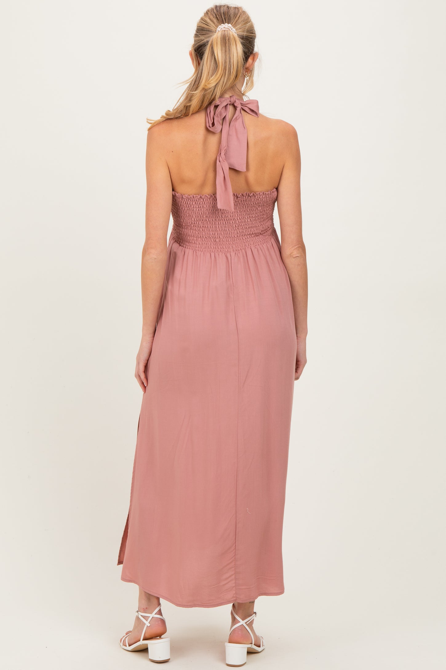 Mauve Halter Neck Side Slit Maternity Midi Dress