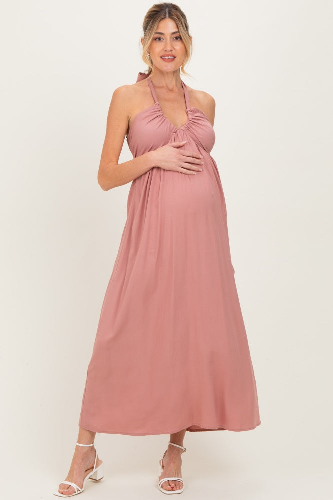 Mauve Halter Neck Side Slit Maternity Midi Dress