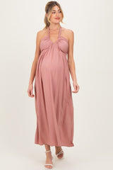 Mauve Halter Neck Side Slit Maternity Midi Dress