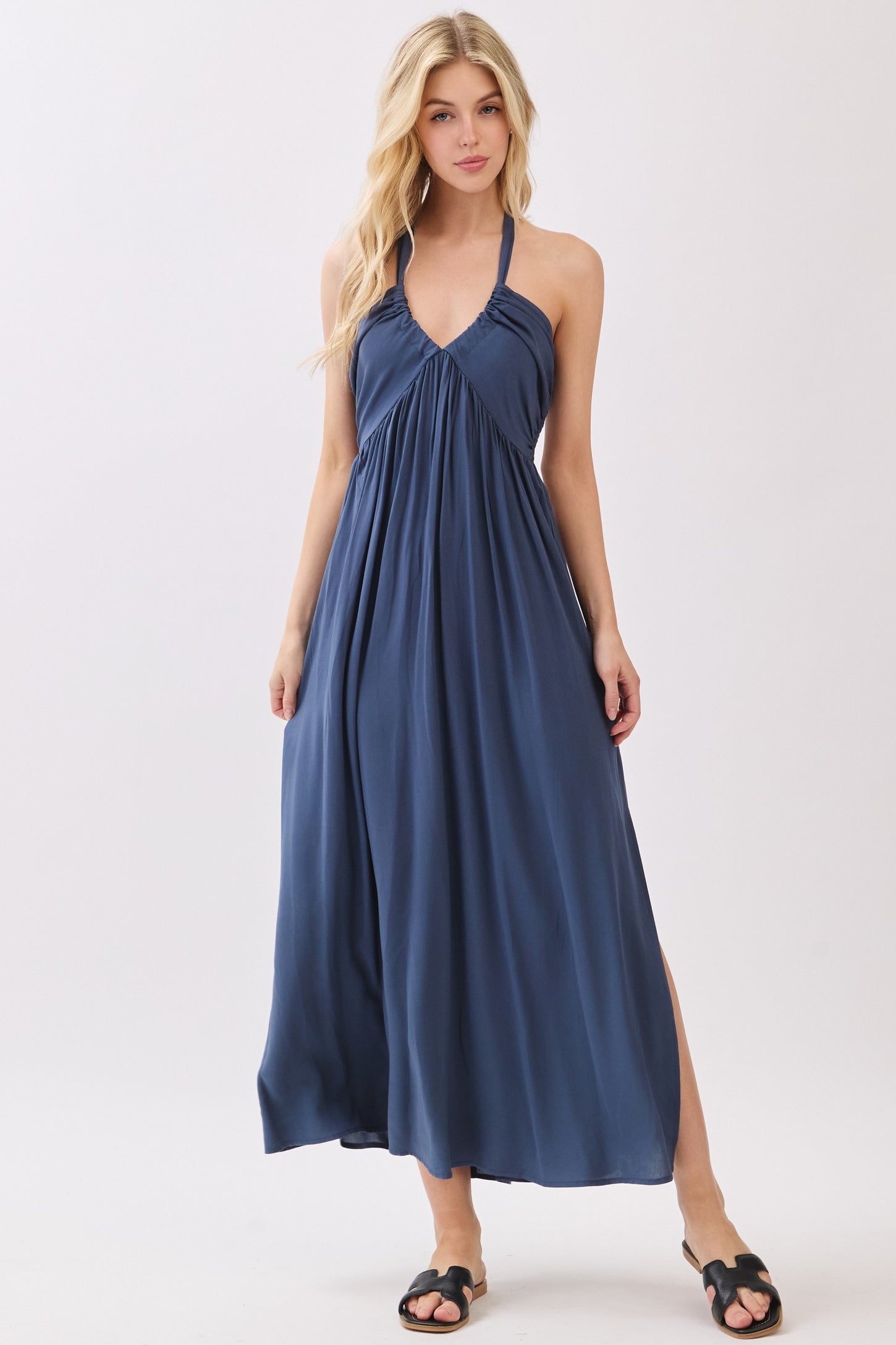 Navy Halter Neck Side Slit Midi Dress