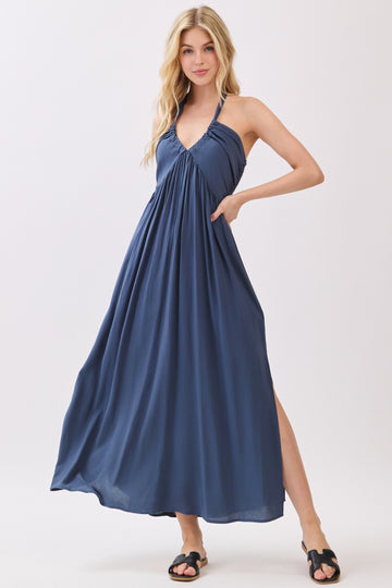 Navy Halter Neck Side Slit Midi Dress