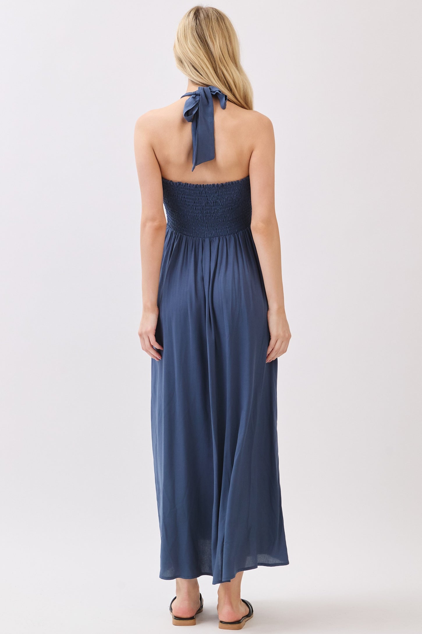 Navy Halter Neck Side Slit Midi Dress