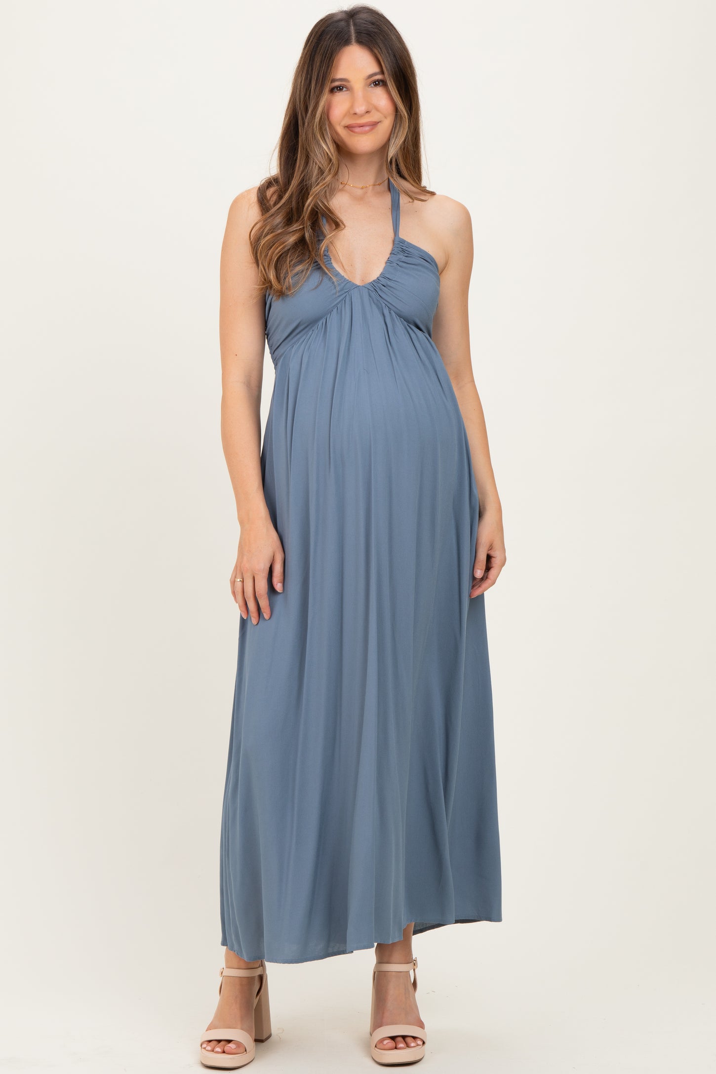 Dusty Blue Halter Neck Side Slit Maternity Midi Dress