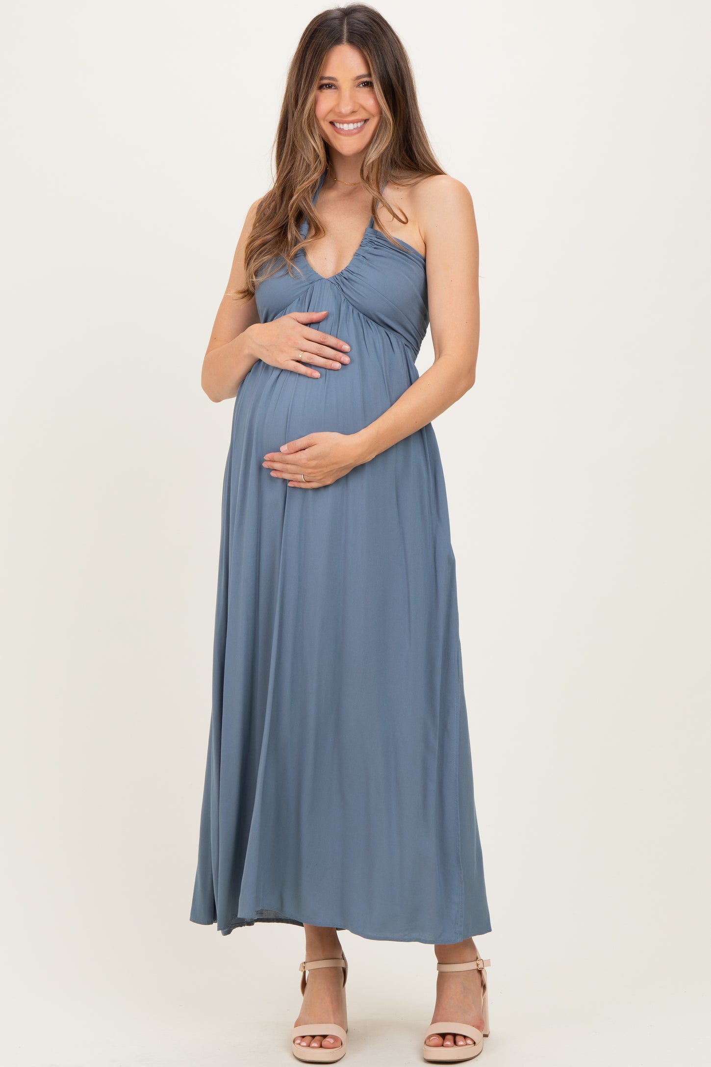 Dusty Blue Halter Neck Side Slit Maternity Midi Dress