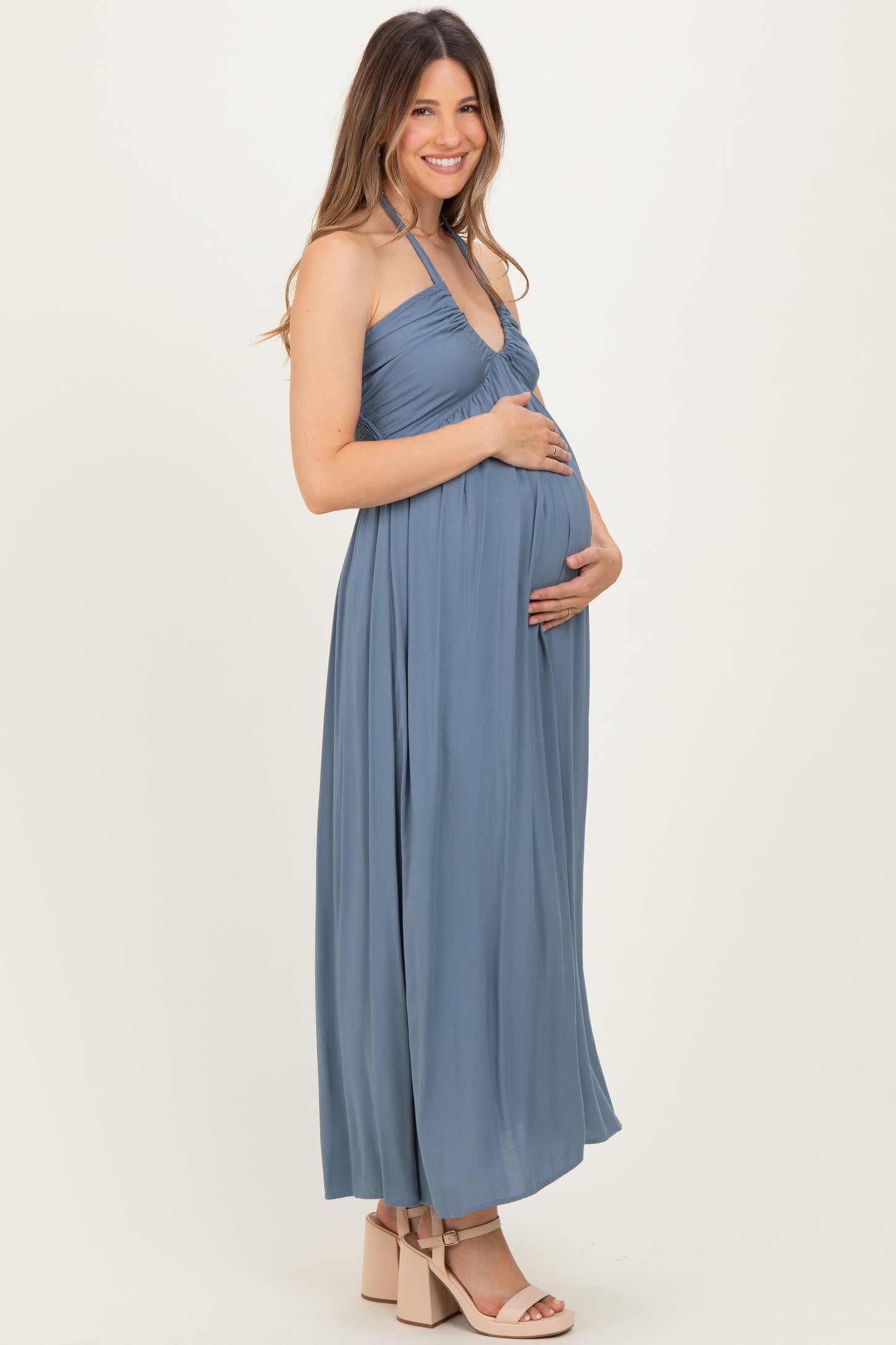 Dusty Blue Halter Neck Side Slit Maternity Midi Dress