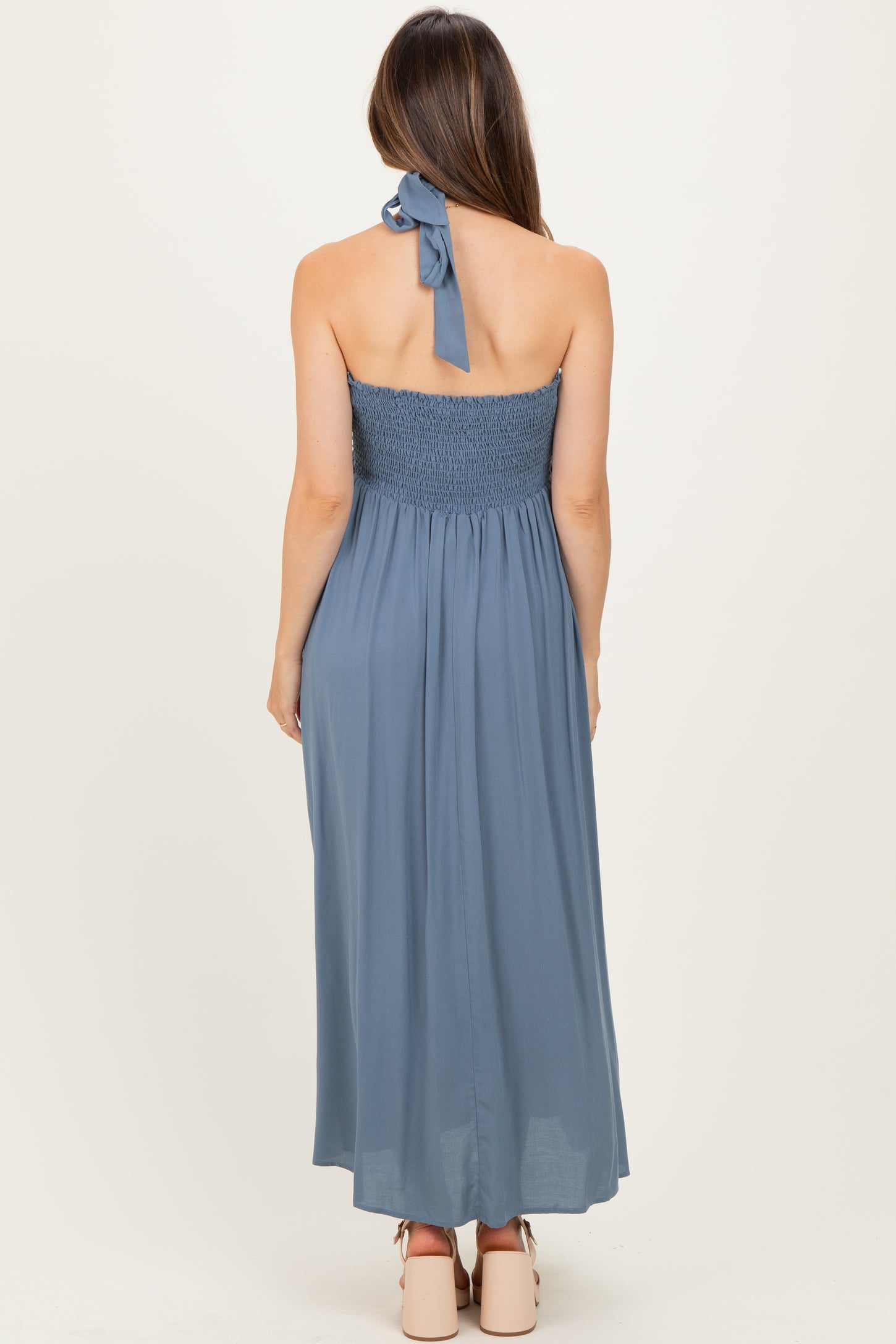 Dusty Blue Halter Neck Side Slit Maternity Midi Dress Dusty Blue Halter Neck Side Slit Maternity Midi Dress