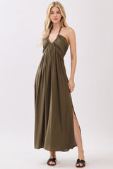 Olive Halter Neck Side Slit Midi Dress