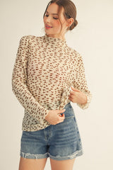 Cream Floral Sheer Mock Neck Fitted Top