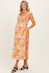 Pink Floral Smocked Sleeveless Maternity Maxi Dress